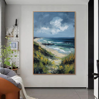 Abstract Coastal Seascape Oil Painting, Textured Green Blue Beach Canvas Wall Art – Blue and Green Beach Seascape Wall Art | 