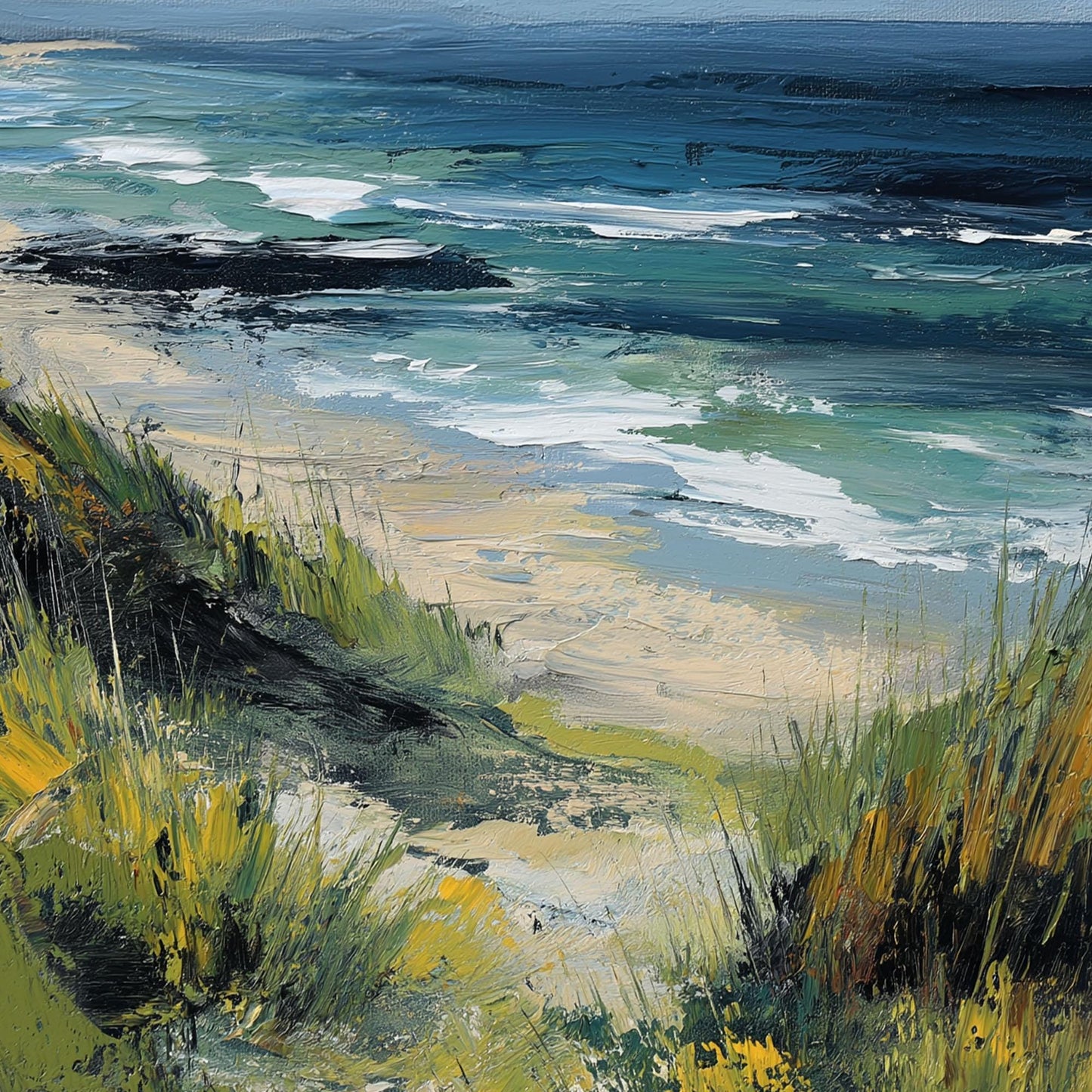 Abstract Coastal Seascape Oil Painting, Textured Green Blue Beach Canvas Wall Art – Blue and Green Beach Seascape Wall Art | 