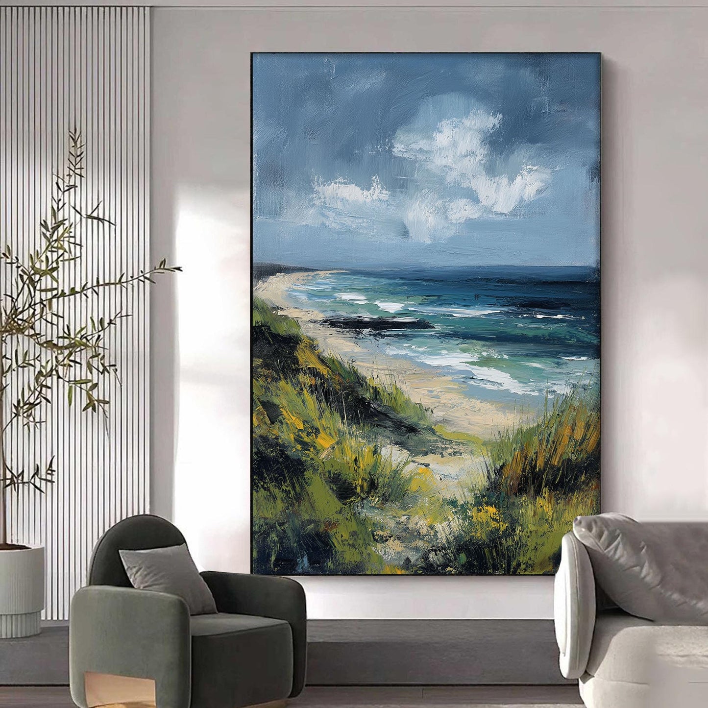 Textured Green Blue Abstract Impasto Beach Seascape Wall Art