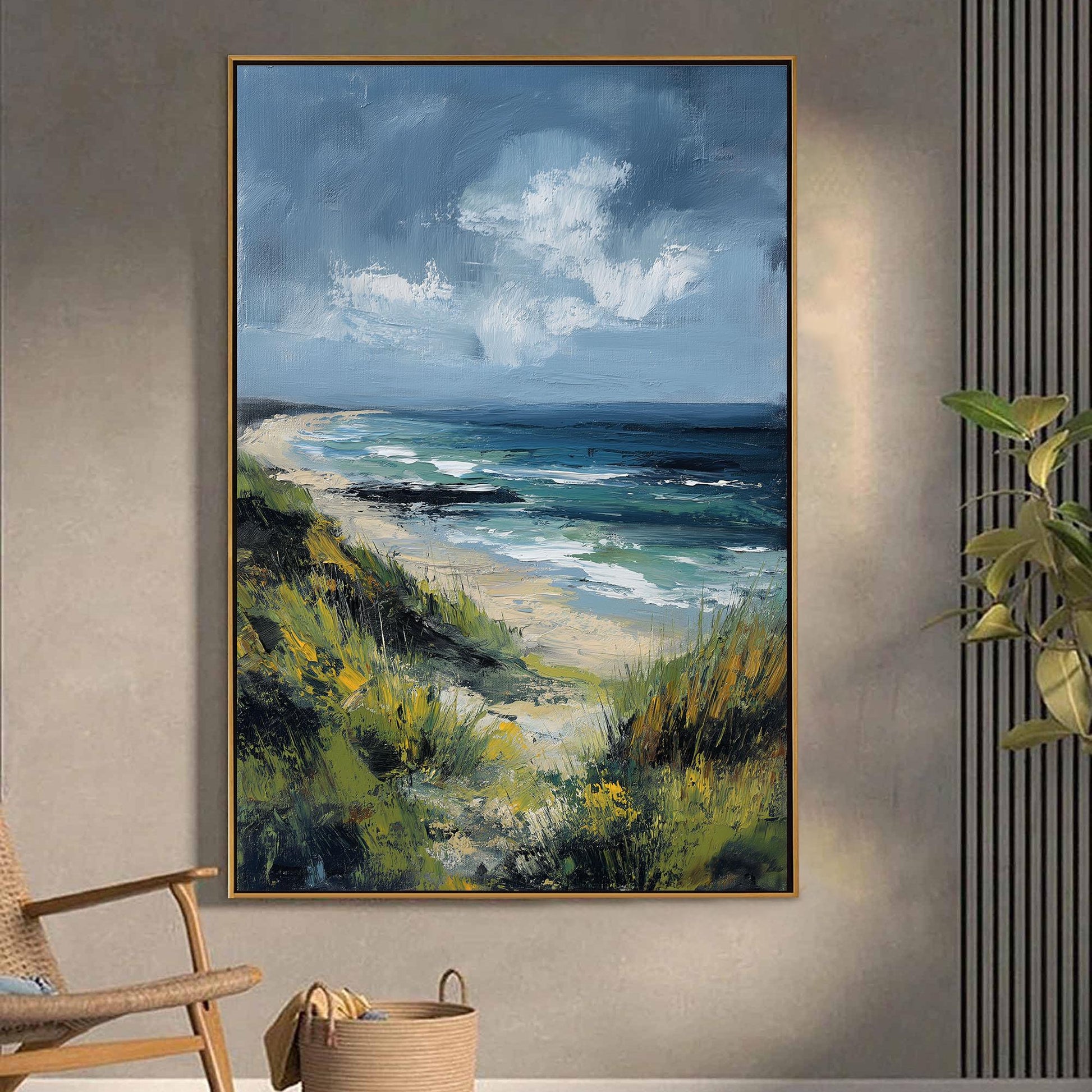 Abstract Coastal Seascape Oil Painting, Textured Green Blue Beach Canvas Wall Art – Blue and Green Beach Seascape Wall Art | 