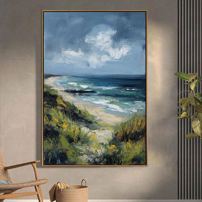Abstract Coastal Seascape Oil Painting, Textured Green Blue Beach Canvas Wall Art – Blue and Green Beach Seascape Wall Art | 
