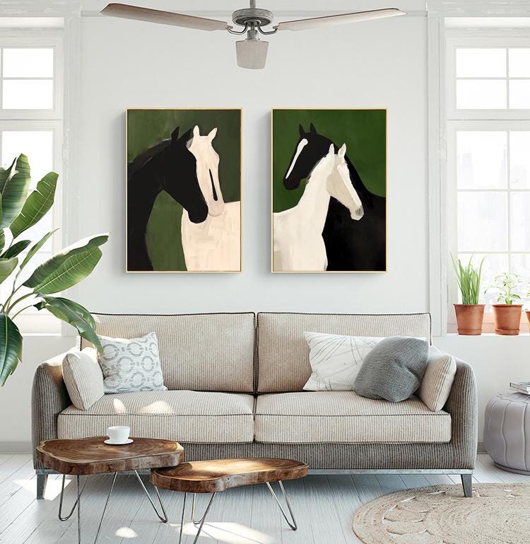 Abstract Black and White Horses Oil Painting on Canvas, Large Original Horse Canvas Wall Art, Modern Animal Wall Art for Living Room Bedroom
