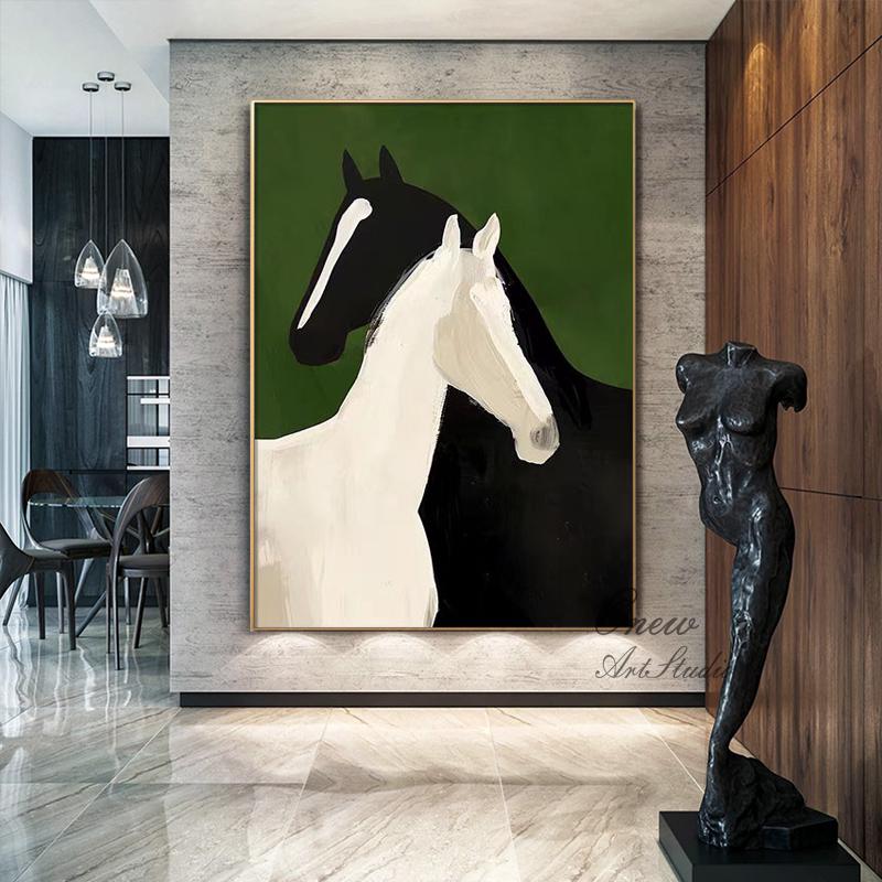 Abstract Black and White Horses Oil Painting on Canvas, Large Original Horse Canvas Wall Art, Modern Animal Wall Art for Living Room Bedroom