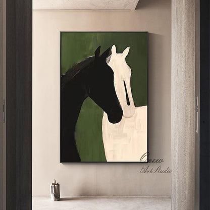 Abstract Black and White Horses Oil Painting on Canvas, Large Original Horse Canvas Wall Art, Modern Animal Wall Art for Living Room Bedroom