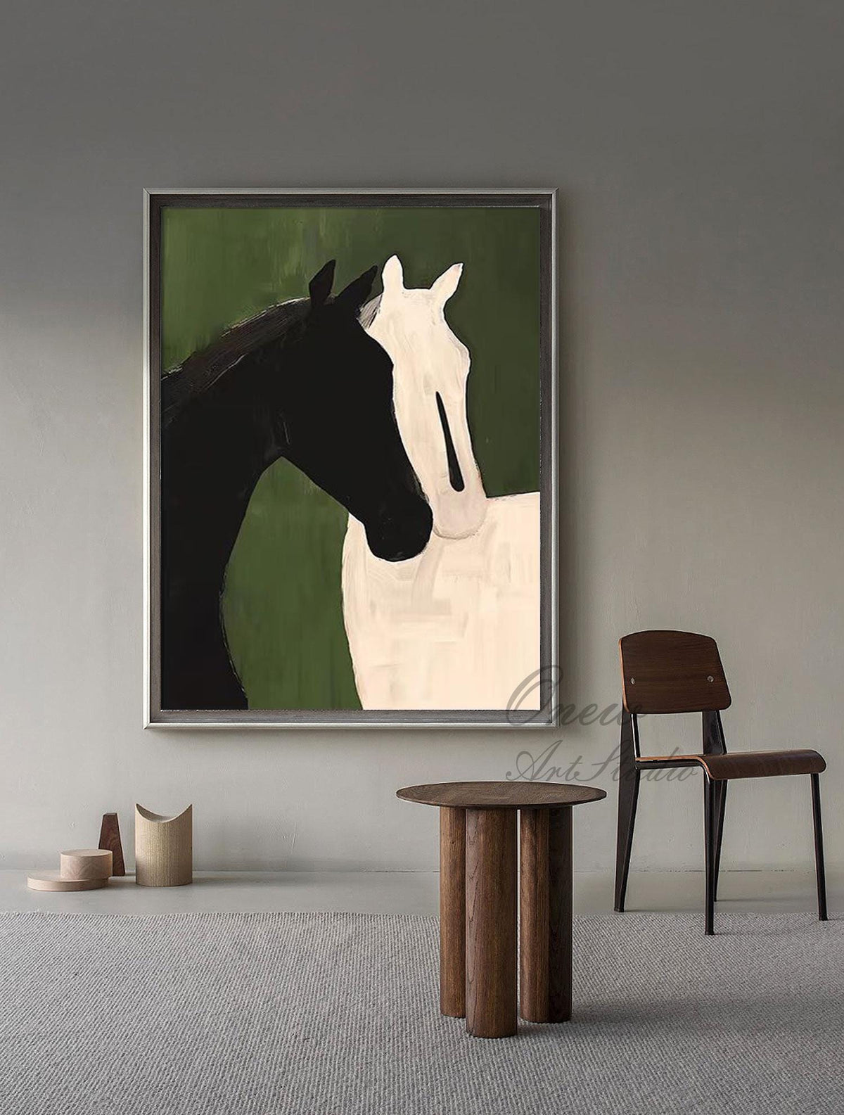 Abstract Black and White Horses Oil Painting on Canvas, Large Original Horse Canvas Wall Art, Modern Animal Wall Art for Living Room Bedroom
