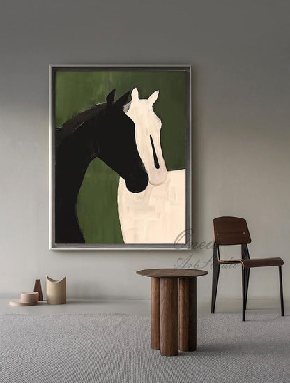 Abstract Black and White Horses Oil Painting on Canvas, Large Original Horse Canvas Wall Art, Modern Animal Wall Art for Living Room Bedroom