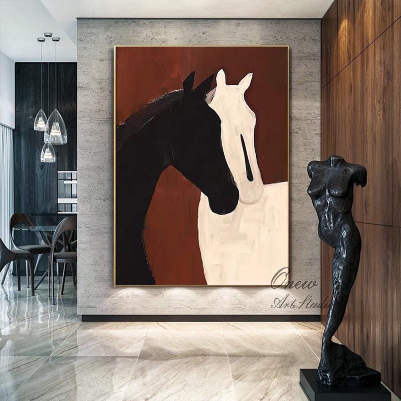 Abstract Black and White Horses Oil Painting on Canvas, Large Original Horse Canvas Wall Art, Modern Animal Wall Art for Living Room Bedroom