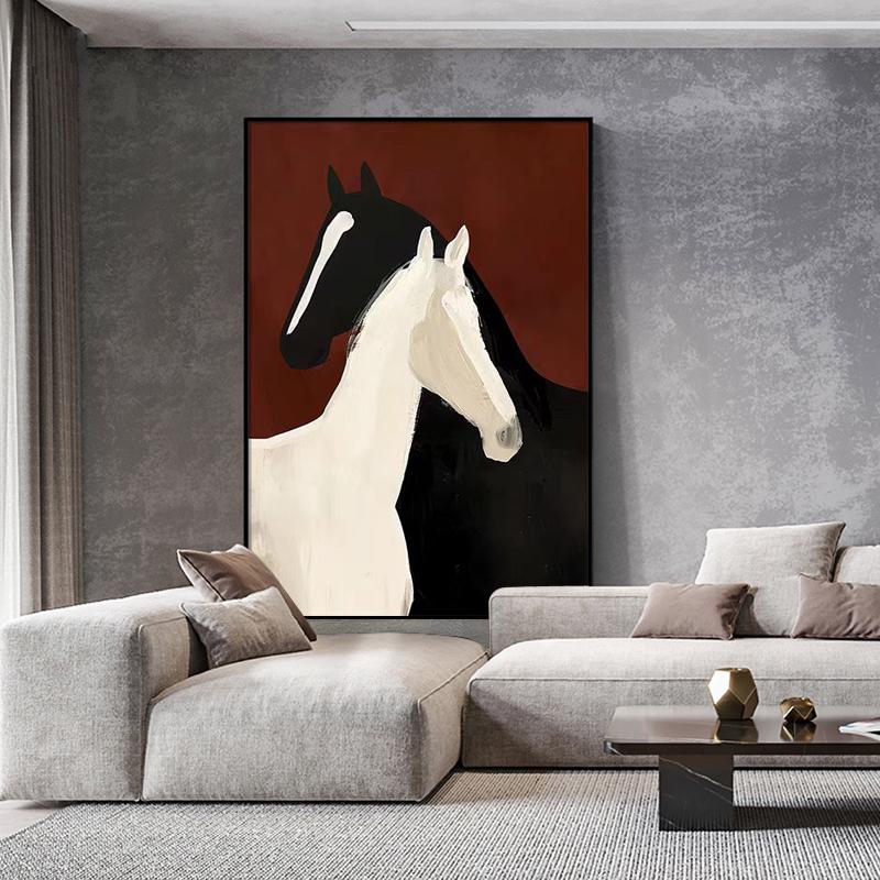 Abstract Black and White Horses Oil Painting on Canvas, Large Original Horse Canvas Wall Art, Modern Animal Wall Art for Living Room Bedroom