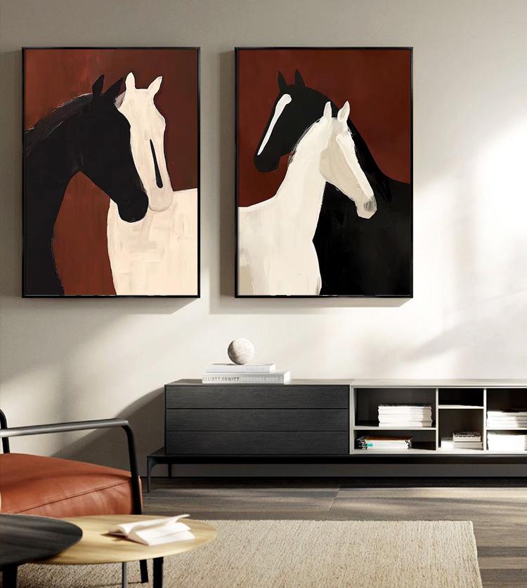 Abstract Black and White Horses Oil Painting on Canvas, Large Original Horse Canvas Wall Art, Modern Animal Wall Art for Living Room Bedroom