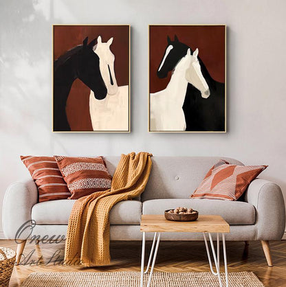 Abstract Black and White Horses Oil Painting on Canvas, Large Original Horse Canvas Wall Art, Modern Animal Wall Art for Living Room Bedroom
