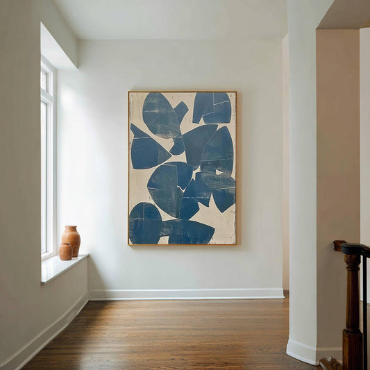 Teal Blue Organic Shape Wall Art Beige Abstract Canvas Painting for Modern Entryway Decor