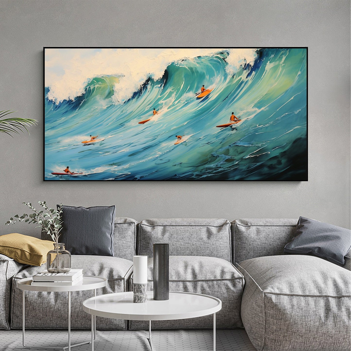 Original Surf Painting on Canvas, Blue Ocean Waves Scenery Art – Blue Ocean Wave Seascape Wall Art | Abstract Oil Painting, v