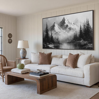 Monochrome Mountain – Forest Tree Wall Art | Minimalist Textured Oil Painting, view 2