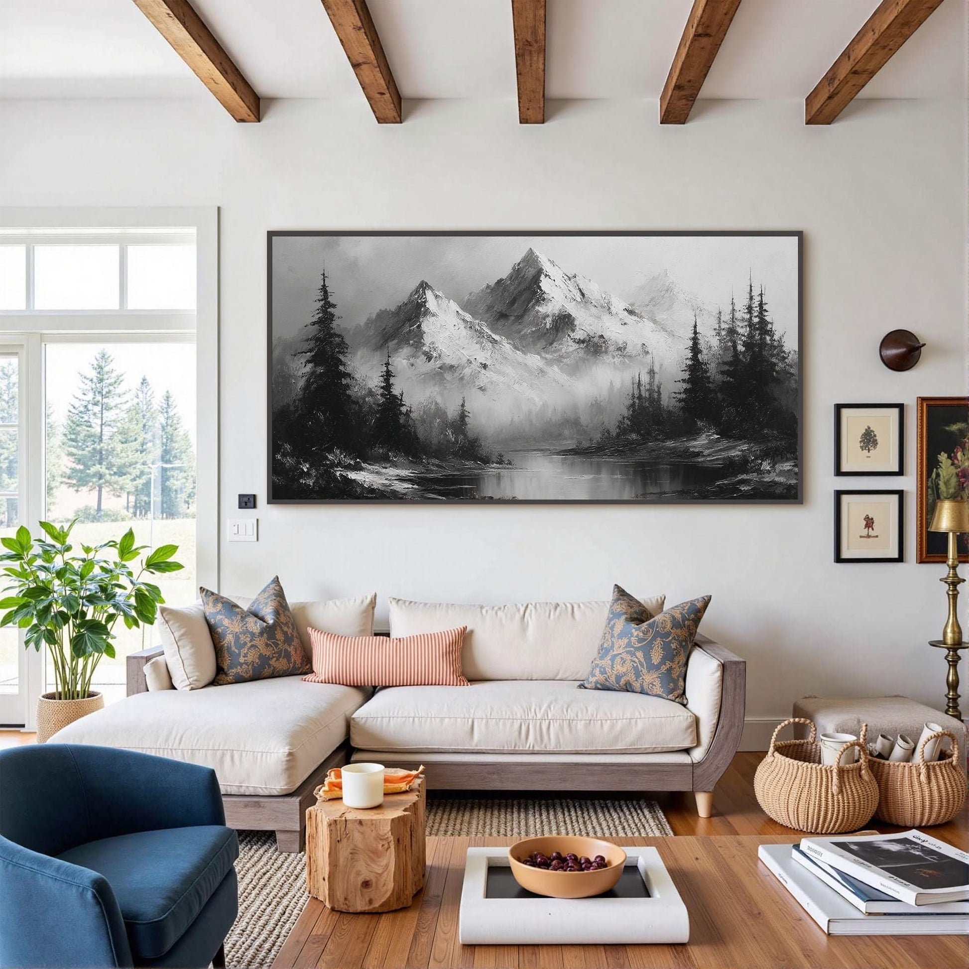 Monochrome Mountain – Forest Tree Wall Art | Minimalist Textured Oil Painting, view 5