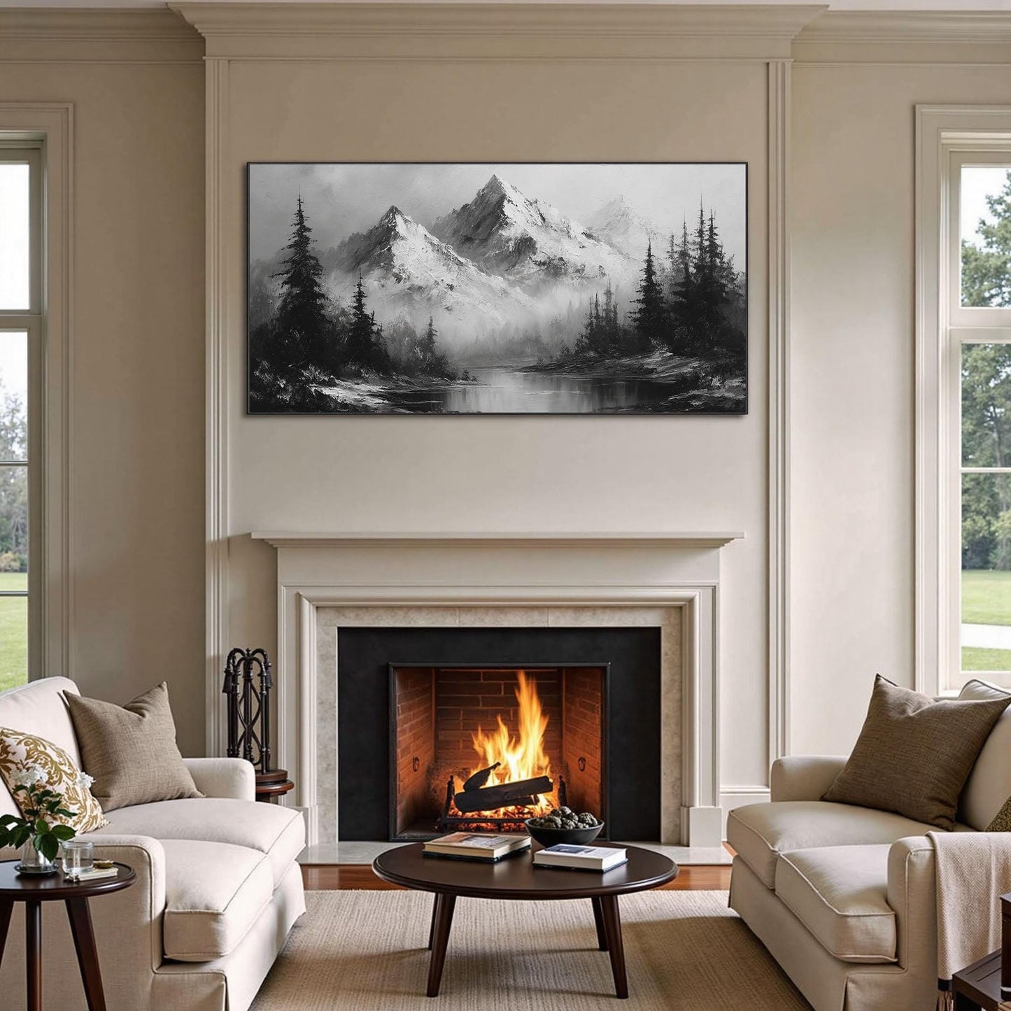 Monochrome Mountain Tree Wall Art – Textured Forest Landscape Oil Painting