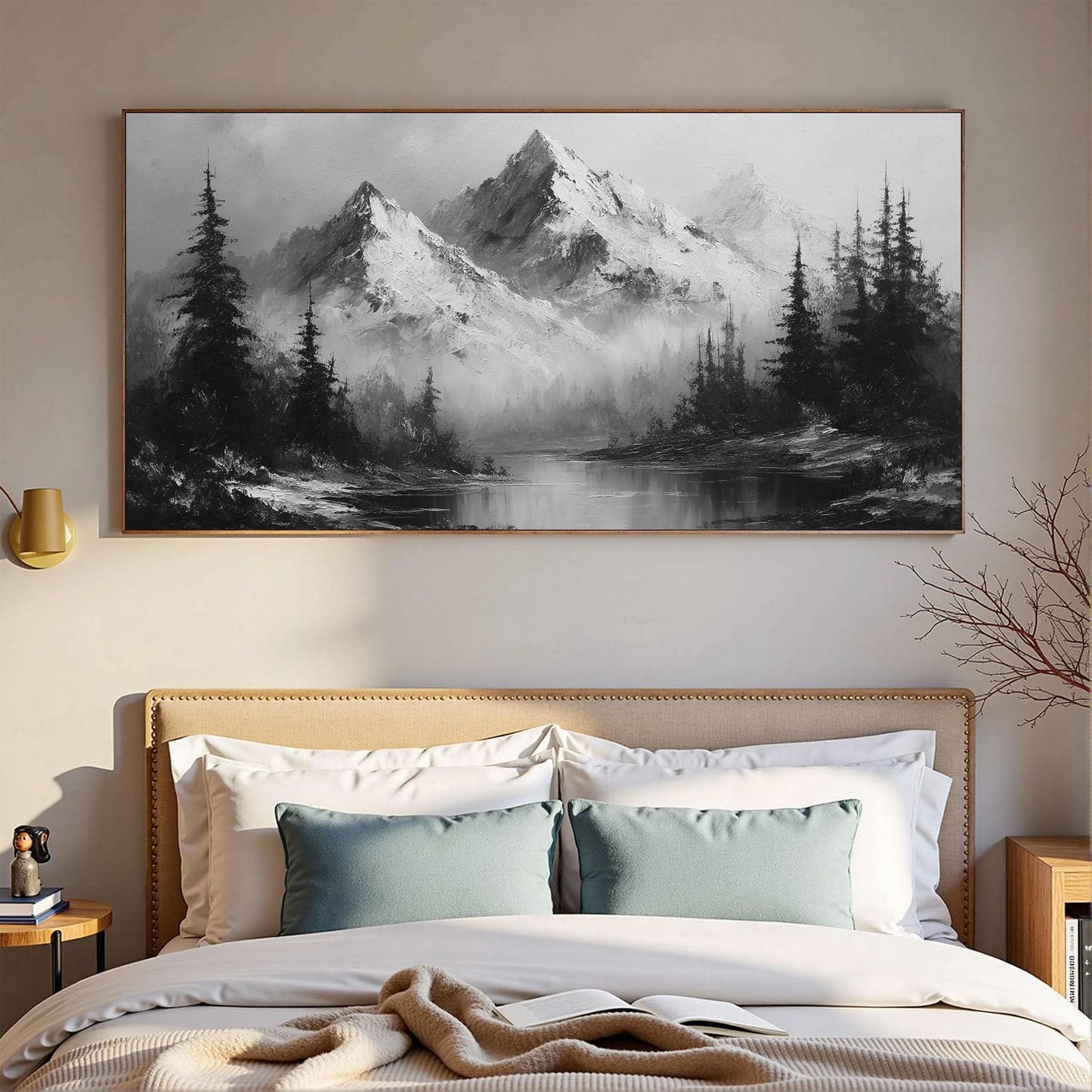 Monochrome Mountain Tree Wall Art – Textured Forest Landscape Oil Painting