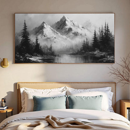 Monochrome Mountain Tree Wall Art – Textured Forest Landscape Oil Painting