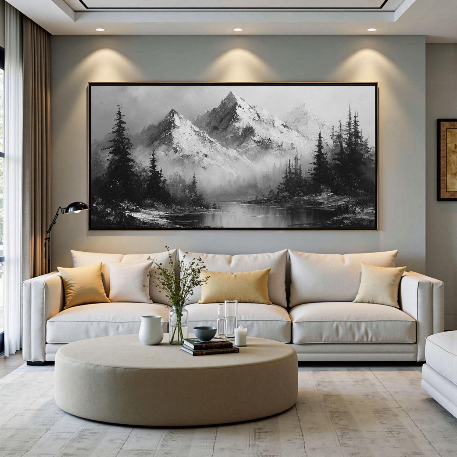 Monochrome Mountain – Forest Tree Wall Art | Minimalist Textured Oil Painting, view 1