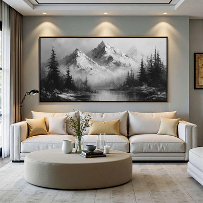 Monochrome Mountain – Forest Tree Wall Art | Minimalist Textured Oil Painting, view 1