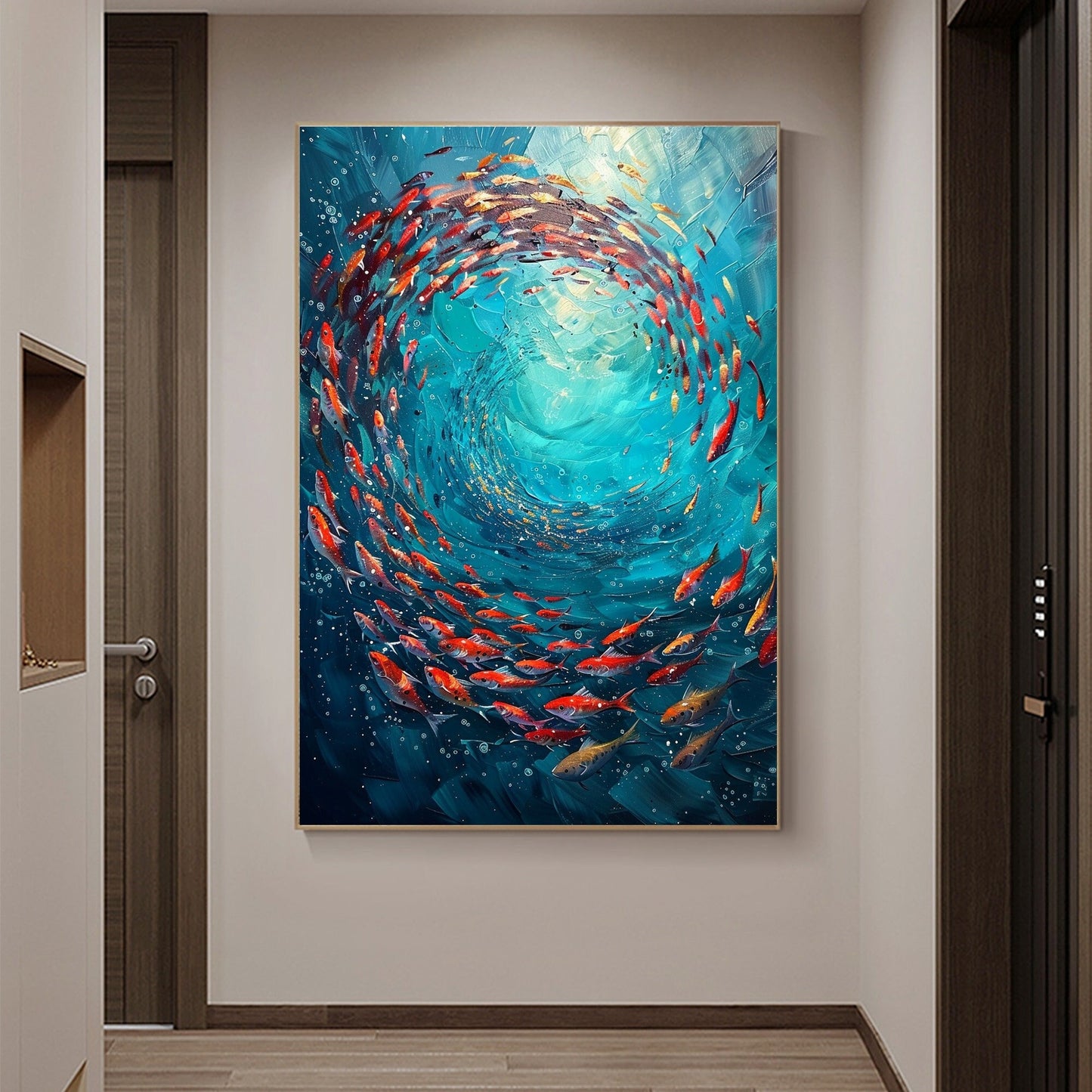 Original School of Fish – Turquoise and Green Underwater Ocean Wall Art | Abstract Textured Hand-Painted Oil Painting, view 1