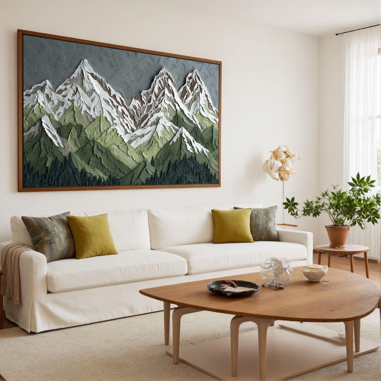 Textured Peaks Landscape Oil Painting, Abstract Mountain Canvas Art, Framed Wall Decor – Green Valley Landscape Wall Art | Ab