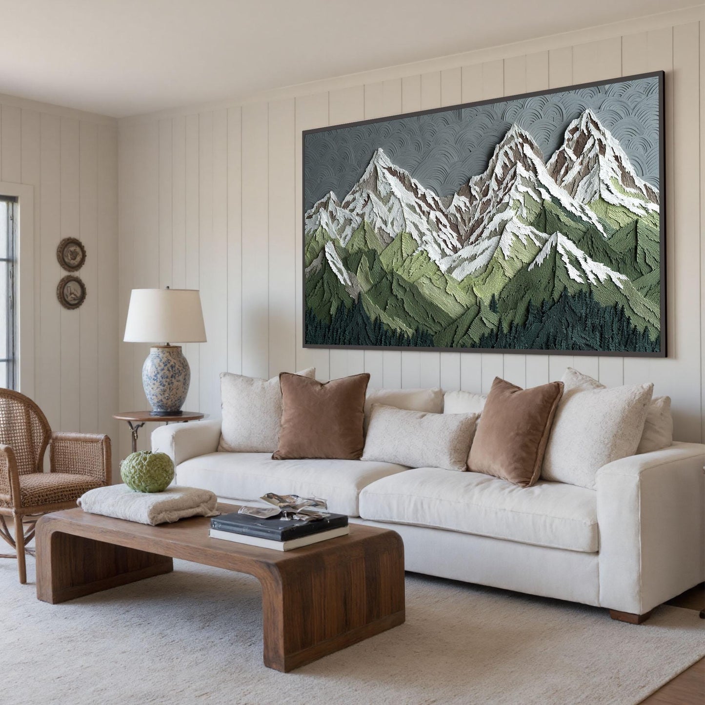 Textured Peaks Landscape Oil Painting, Abstract Mountain Canvas Art, Framed Wall Decor – Green Valley Landscape Wall Art | Ab