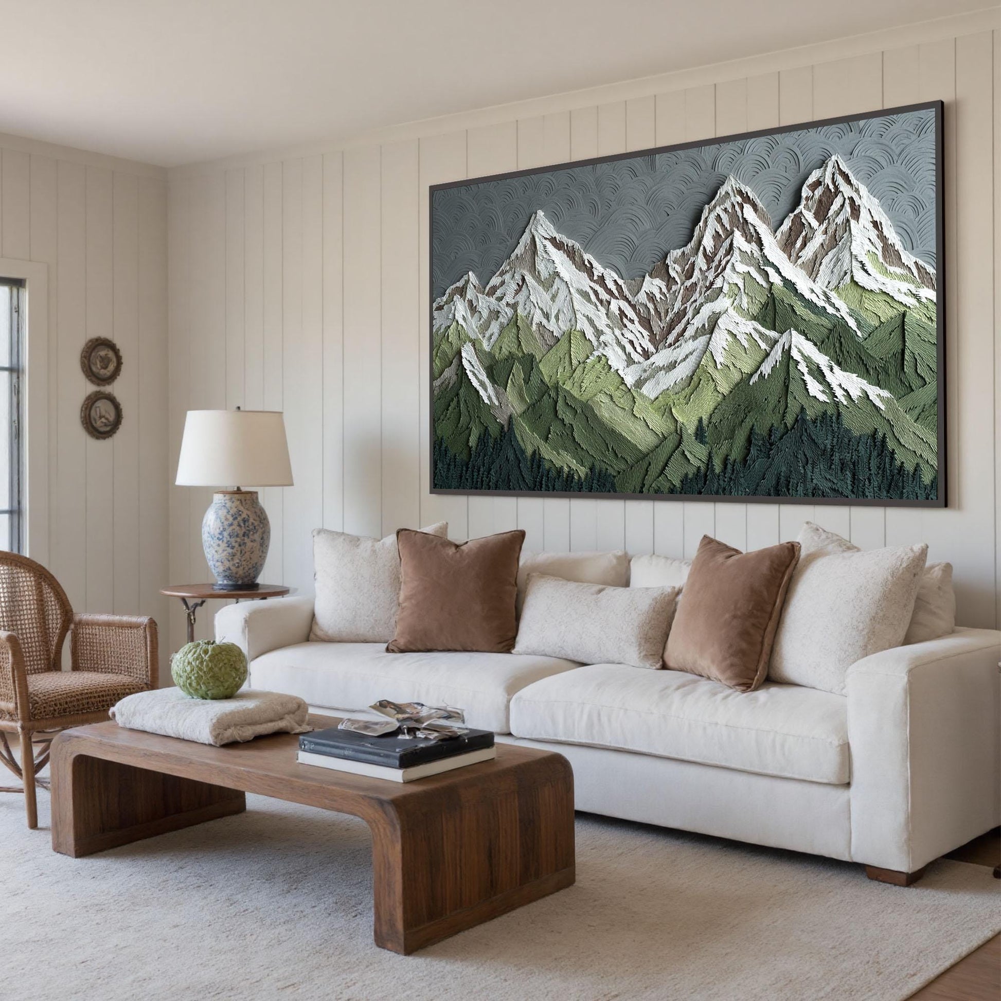 Textured Peaks Landscape Oil Painting, Abstract Mountain Canvas Art, Framed Wall Decor – Green Valley Landscape Wall Art | Ab