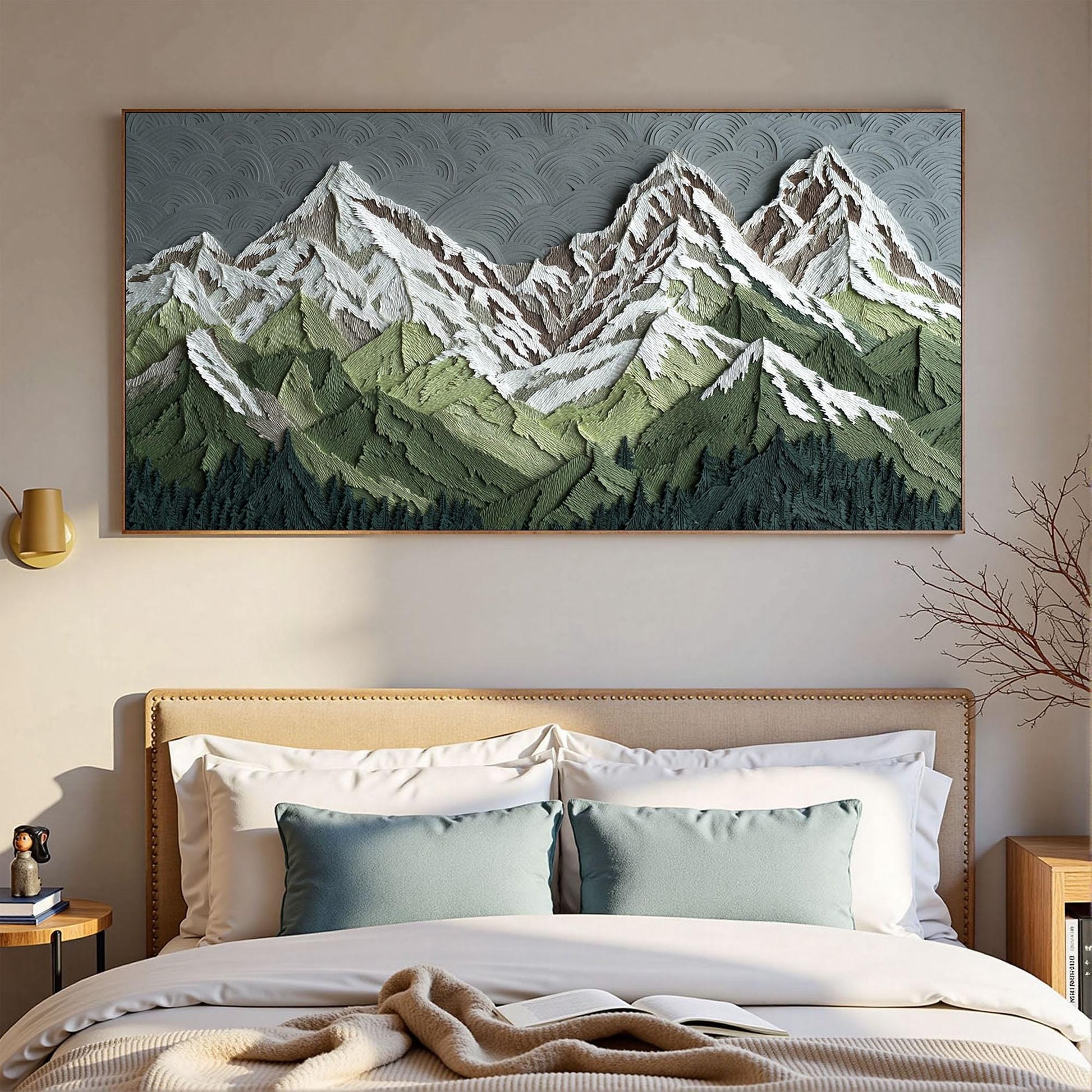 Textured Peaks Landscape Oil Painting, Abstract Mountain Canvas Art, Framed Wall Decor – Green Valley Landscape Wall Art | Ab