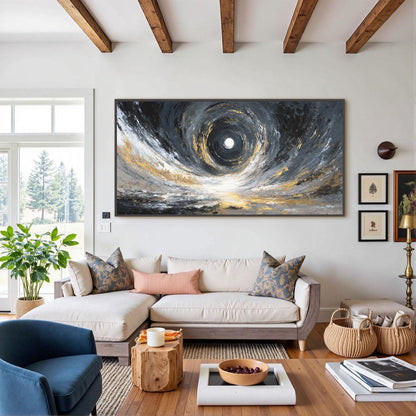 Abstract Black Gold Vortex Painting, Textured Cosmic Canvas Wall Art – Gold and Black Abstract Wall Art | Impasto Painting, v