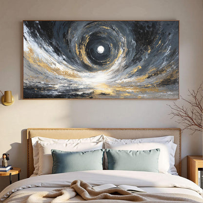 Abstract Black Gold Vortex Painting, Textured Cosmic Canvas Wall Art – Gold and Black Abstract Wall Art | Impasto Painting, v