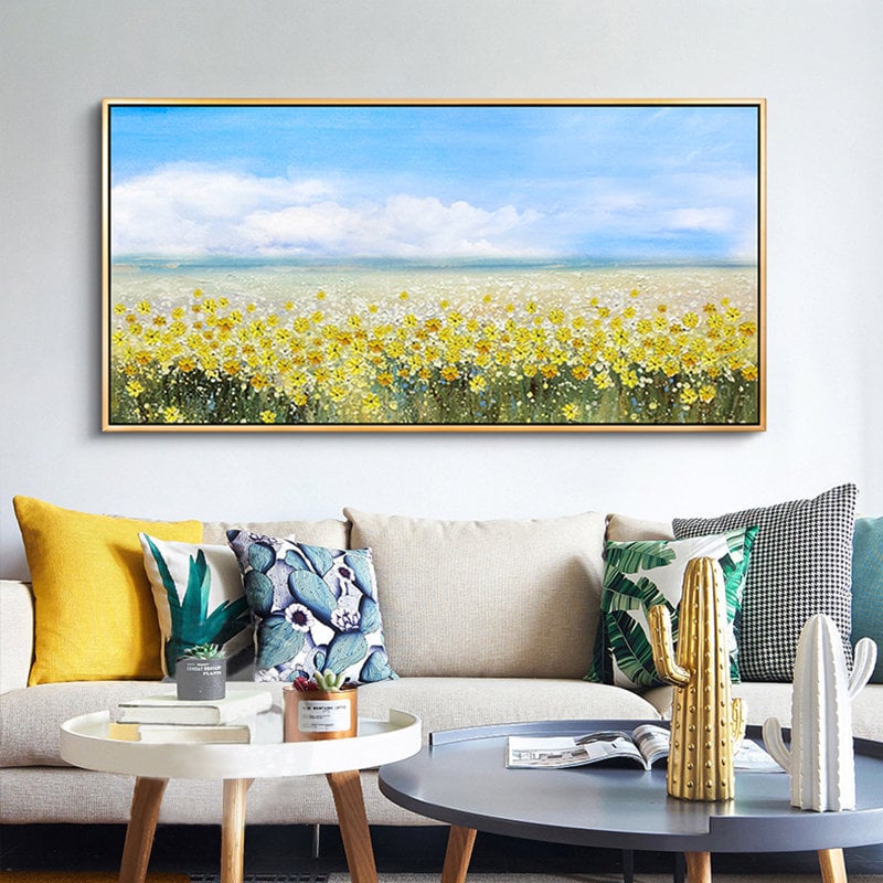 Original Yellow Flower – Blue and Yellow Floral Wall Art | Abstract Oil Painting, view 1
