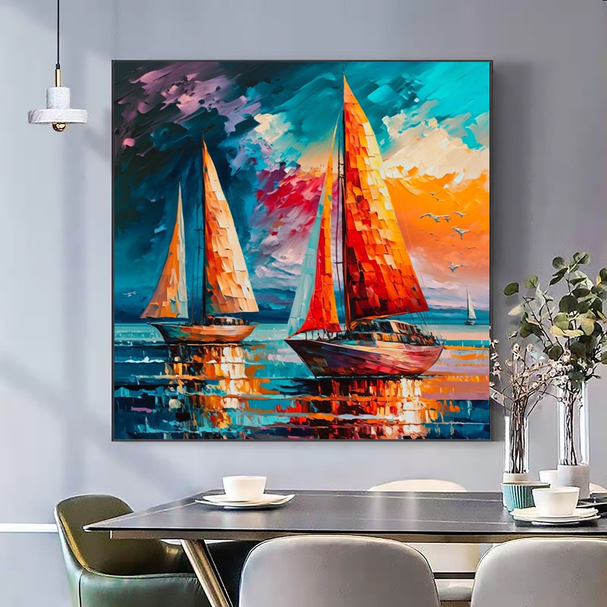 Original Sailboat – Colorful Sailboat Seascape Wall Art | Abstract Hand-Painted Oil Painting, view 1