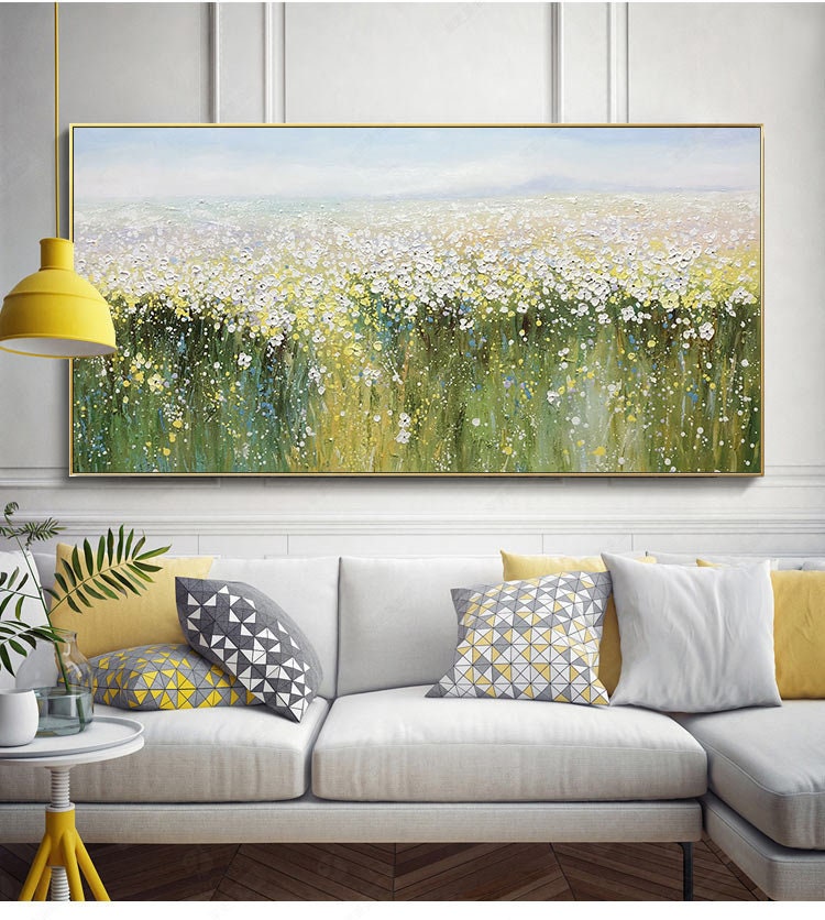 Green and Yellow Abstract Wildflower Floral Wall Art Oil Painting