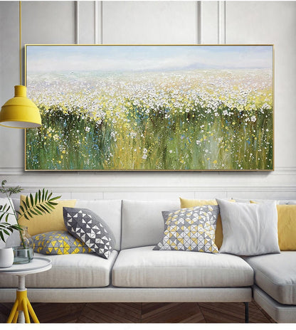 Green and Yellow Abstract Wildflower Floral Wall Art Oil Painting