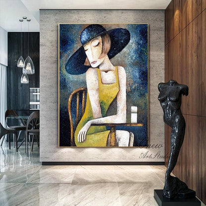 Large Abstract Woman Canvas Wall Art, Hand-painted Lady Oil Painting on Canvas, Modern Textured Figure Wall Art for Living Room, Home Décor