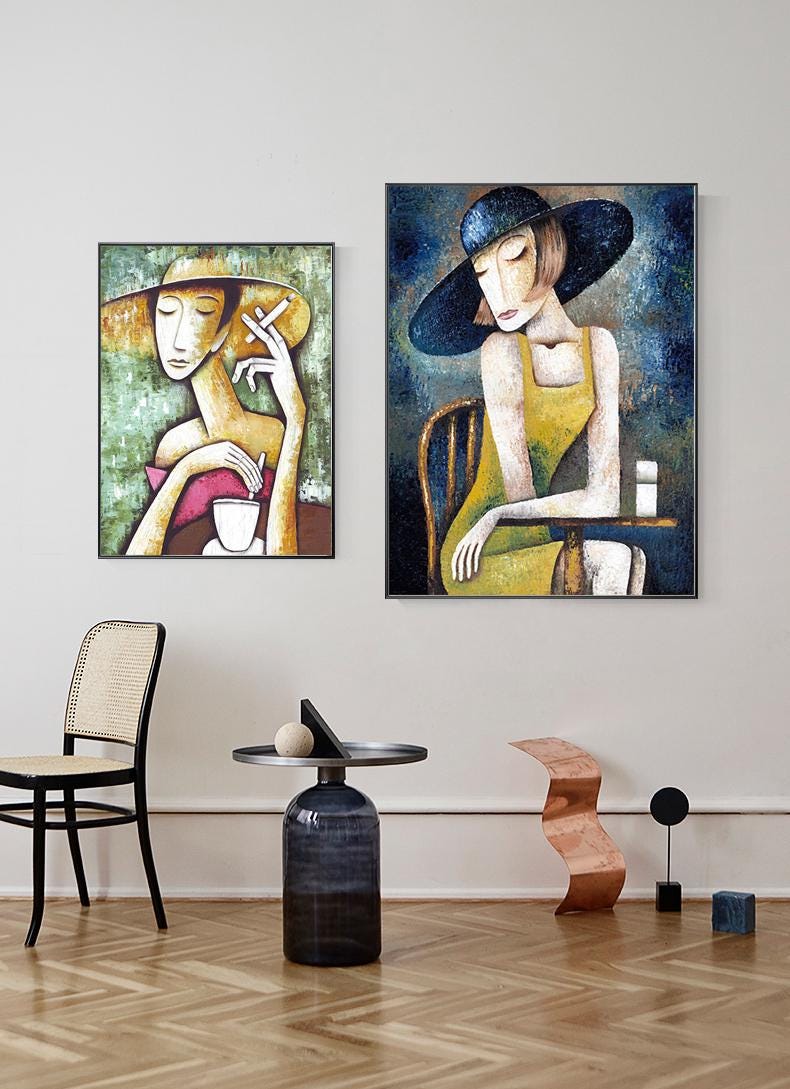 Large Abstract Woman Canvas Wall Art, Hand-painted Lady Oil Painting on Canvas, Modern Textured Figure Wall Art for Living Room, Home Décor