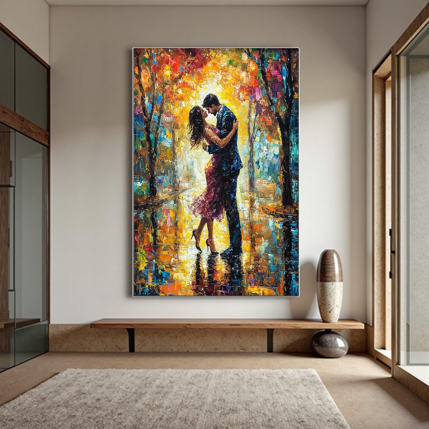 Abstract Couple Embrace Figure Portrait Wall Art – Textured Canvas Painting