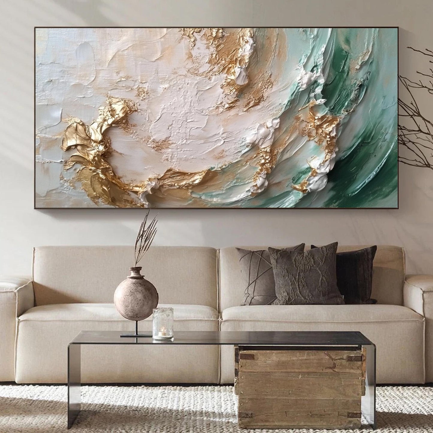 Teal and Gold Abstract Textured Seascape Wall Art – Golden Waves Oil Painting
