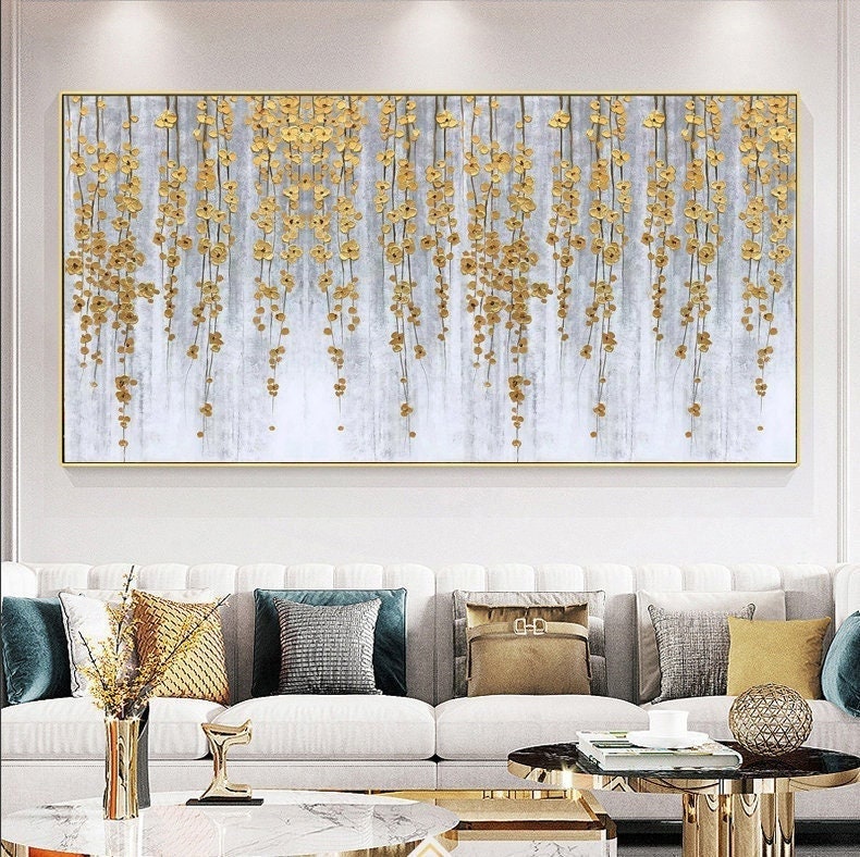 Gold Abstract Impasto Floral Wall Art – Gold Foil Flower Painting on Canvas