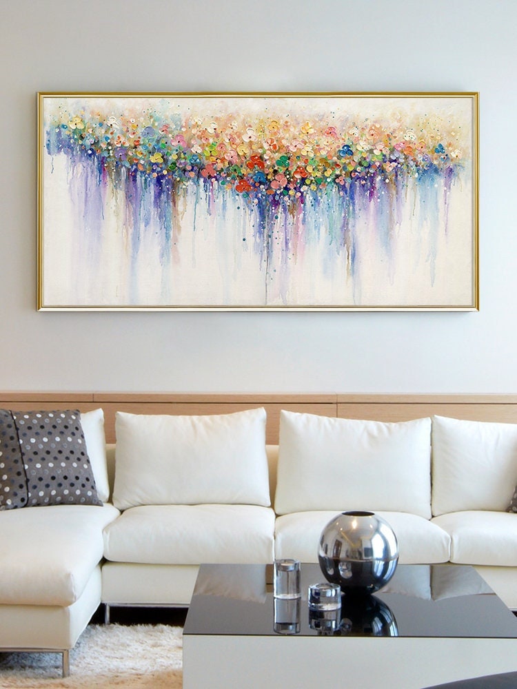 Colorful Flower Painting on Canvas, Original Boho Texture Wall Art – Colorful Floral Wall Art | Boho Hand-Painted Painting, v