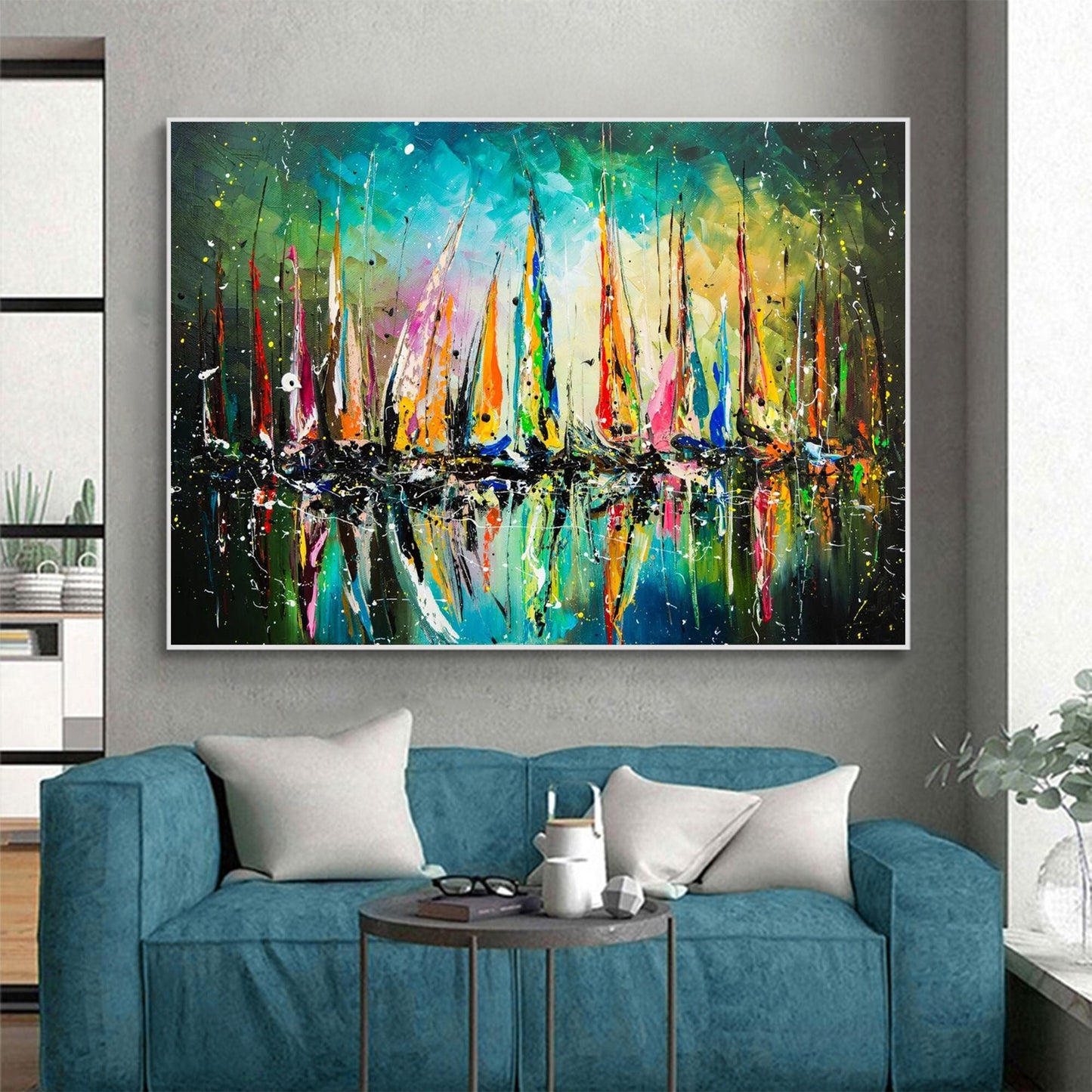 Abstract Sailboat Oil Painting, Colorful Nautical Wall Art – Colorful Sailboat Abstract Wall Art | Hand-Painted Oil Painting,