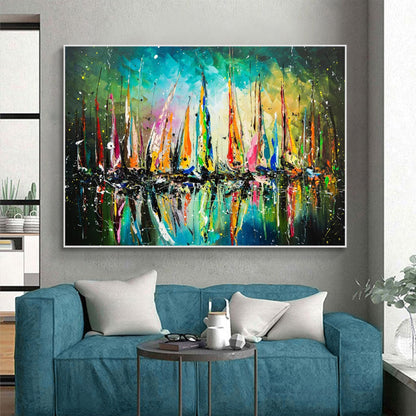 Abstract Sailboat Oil Painting, Colorful Nautical Wall Art – Colorful Sailboat Abstract Wall Art | Hand-Painted Oil Painting,