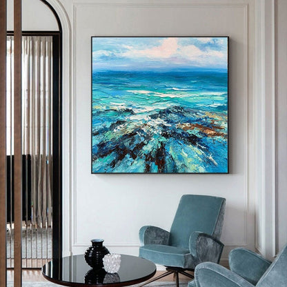 Mediterranean Seascape – Blue and White Ocean Wall Art | Abstract Textured Hand-Painted Oil Painting, view 1