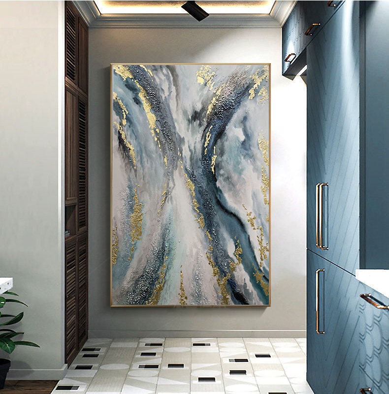 Large Gold Leaf Blue – Blue and Gold Botanical Leaf Wall Art | Abstract Oil Painting, view 1