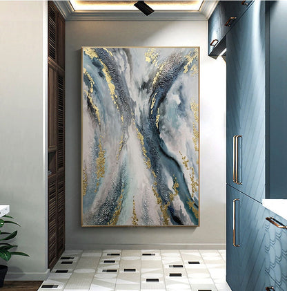 Large Gold Leaf Blue – Blue and Gold Botanical Leaf Wall Art | Abstract Oil Painting, view 1