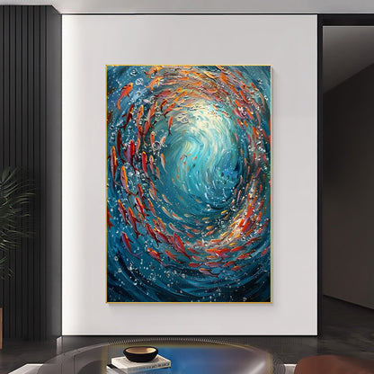 Original School Of Fish On The Bottom Of The Sea Oil Painting On Canvas, Abstract Blue Ocean Painting, Living Room Wall Art, 