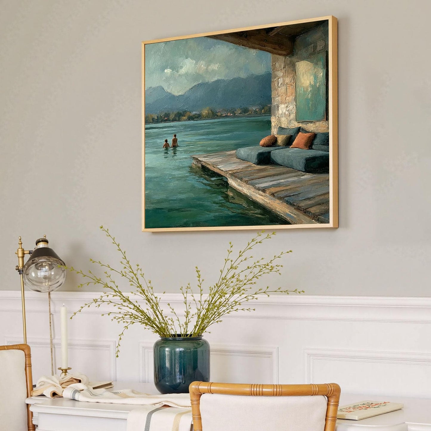 Tranquil Lakeside Dock Landscape Wall Art – Original Lakeside Oil Painting