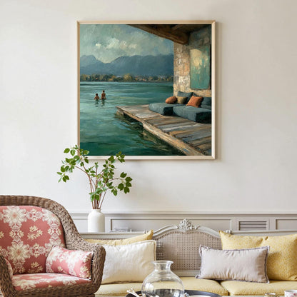 Tranquil Lakeside Dock Landscape Wall Art – Original Lakeside Oil Painting