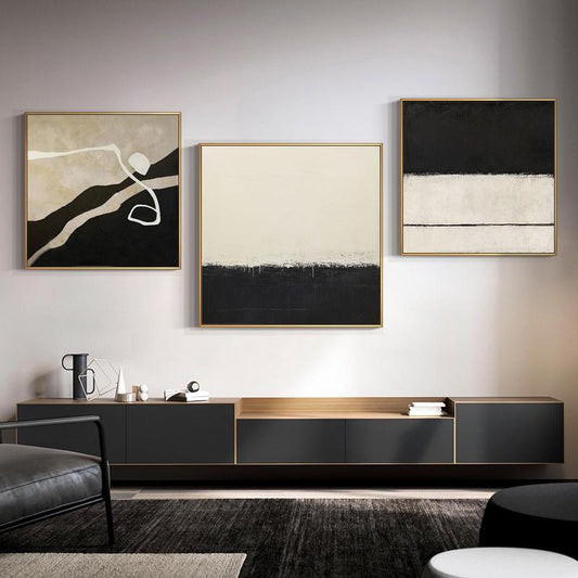 Extra Large Abstract Canvas Wall Art, Original Beige and Black Abstract Oil Painting, Modern Minimalist Wall Art for Living Room, Home Décor