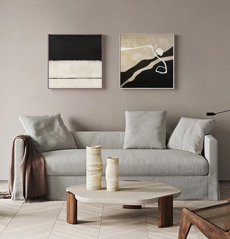 Extra Large Abstract Canvas Wall Art, Original Beige and Black Abstract Oil Painting, Modern Minimalist Wall Art for Living Room, Home Décor